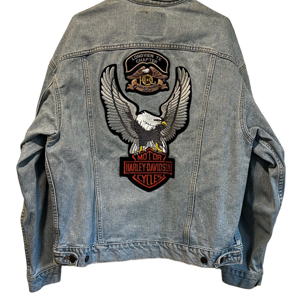 VINTAGE 80s Levi's Denim Jean Jacket Harley-Davidson Patched Made in USA Size L - Picture 8 of 9